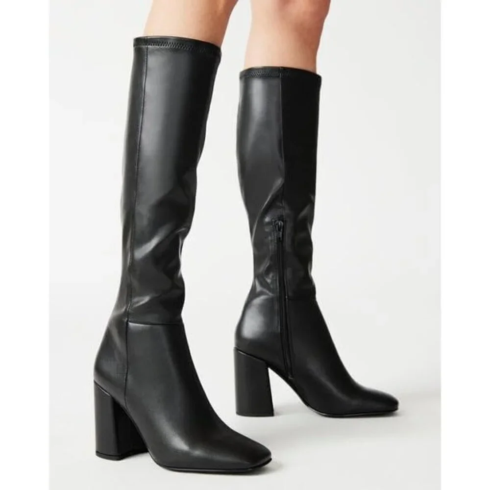 Women's Black Faux Leather Fashion Square Toe Chunky Heel Knee High Boots